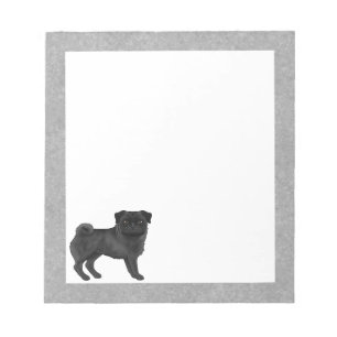 Black Pug Dog Cute Cartoon Illustration Gray Edges Notepad