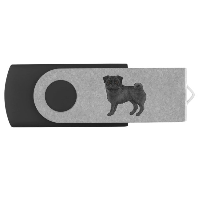 Black Pug Dog Cute Cartoon Illustration Gray Flash Drive (Front)