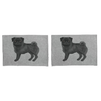 Black Pug Dog Cute Cartoon Illustration Gray Pillow Case