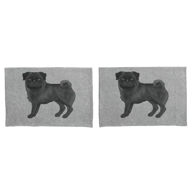 Black Pug Dog Cute Cartoon Illustration Gray Pillow Case (Front-Set)