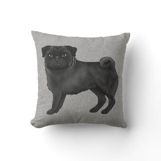 Black Pug Dog Cute Cartoon Illustration Gray Throw Pillow