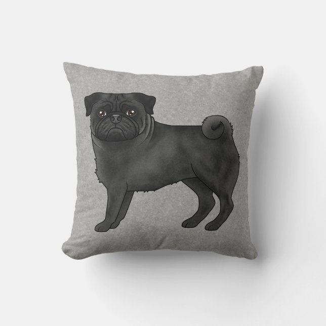 Black Pug Dog Cute Cartoon Illustration Gray Throw Pillow (Front)