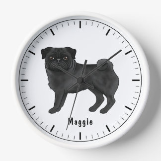 Black Pug Dog Cute Cartoon Illustration With Name Clock