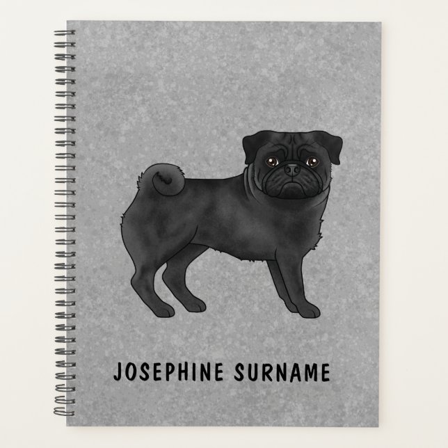 Black Pug Dog Cute Cartoon Mops Illustration Gray Planner (Front)