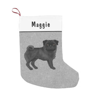 Black Pug Dog Cute Cartoon Mops Illustration Gray Small Christmas Stocking