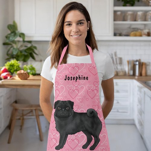 Black Pug Dog Cute Mops And Pink Hearts With Name Apron