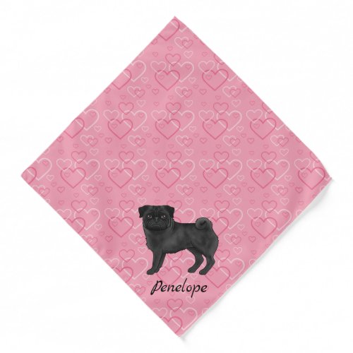 Black Pug Dog Cute Mops And Pink Hearts With Name Bandana