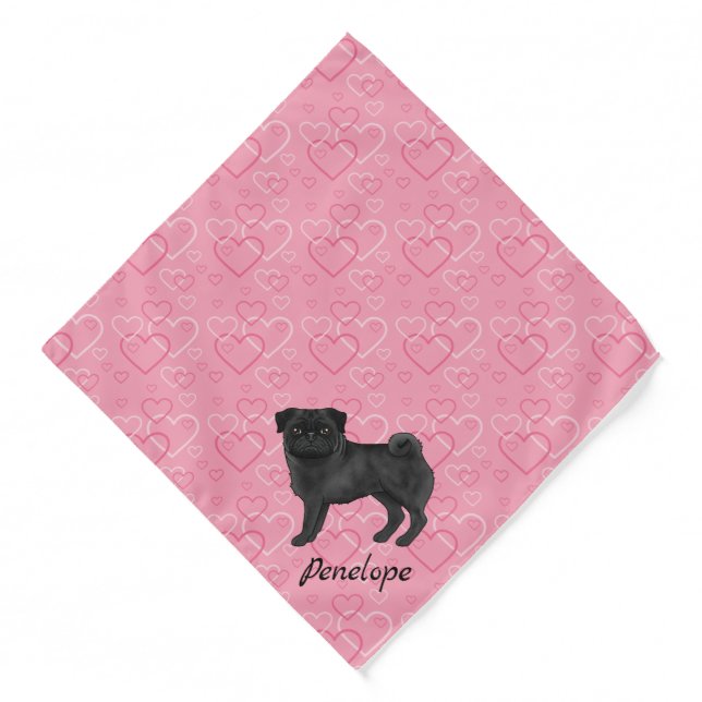 Black Pug Dog Cute Mops And Pink Hearts With Name Bandana (Front)