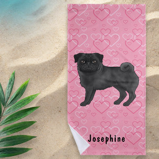 Black Pug Dog Cute Mops And Pink Hearts With Name Beach Towel