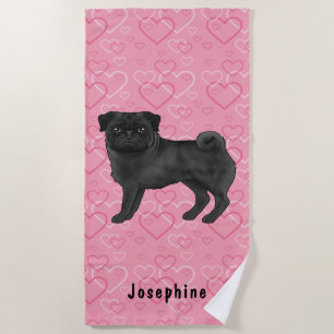 Black Pug Dog Cute Mops And Pink Hearts With Name Beach Towel
