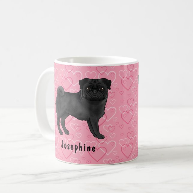 Black Pug Dog Cute Mops And Pink Hearts With Name Coffee Mug (Front Left)
