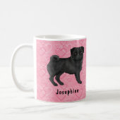 Black Pug Dog Cute Mops And Pink Hearts With Name Coffee Mug (Left)