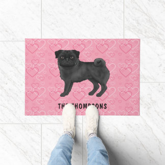 Black Pug Dog Cute Mops And Pink Hearts With Name Doormat