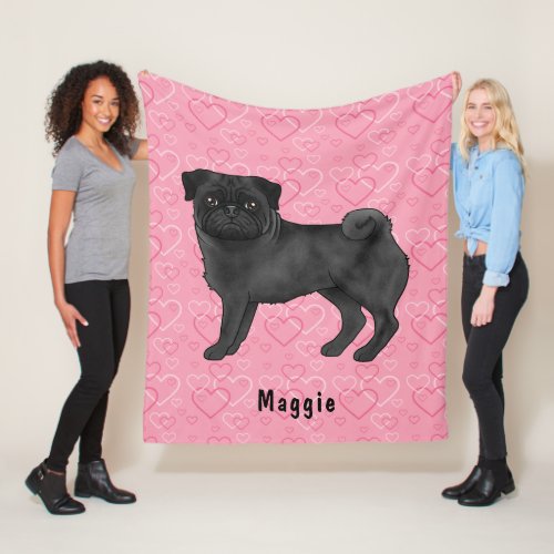 Black Pug Dog Cute Mops And Pink Hearts With Name Fleece Blanket