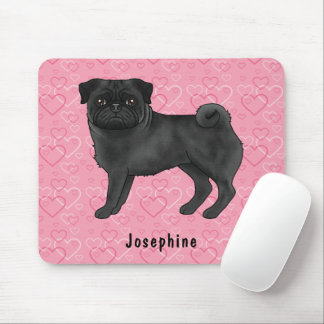 Black Pug Dog Cute Mops And Pink Hearts With Name Mouse Pad