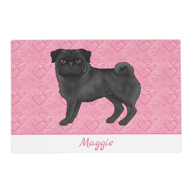 Black Pug Dog Cute Mops And Pink Hearts With Name Placemat (Front)