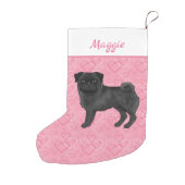 Black Pug Dog Cute Mops And Pink Hearts With Name Small Christmas Stocking (Back)