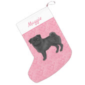 Black Pug Dog Cute Mops And Pink Hearts With Name Small Christmas Stocking (Back (Hanging))