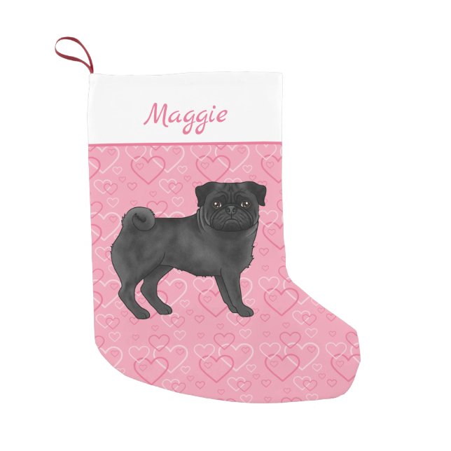 Black Pug Dog Cute Mops And Pink Hearts With Name Small Christmas Stocking (Front)