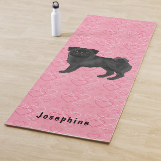 Black Pug Dog Cute Mops And Pink Hearts With Name Yoga Mat