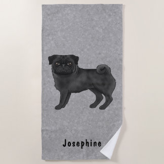Black Pug Dog Cute Mops Dog Breed Design Gray Beach Towel