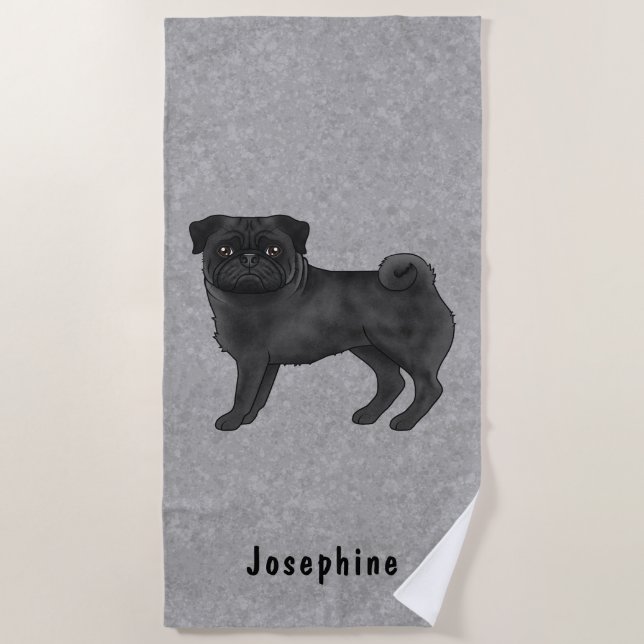 Black Pug Dog Cute Mops Dog Breed Design Gray Beach Towel (Front)