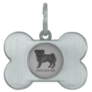 Black Pug Dog Cute Mops Dog With Phone Number Pet ID Tag
