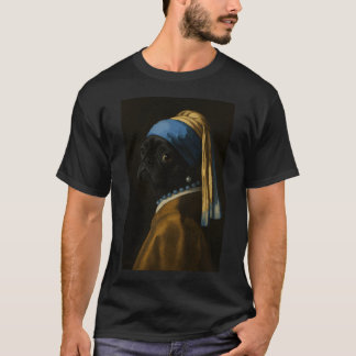 Black Pug Dog Girl Pearl Earing Painting Art Mom D T-Shirt