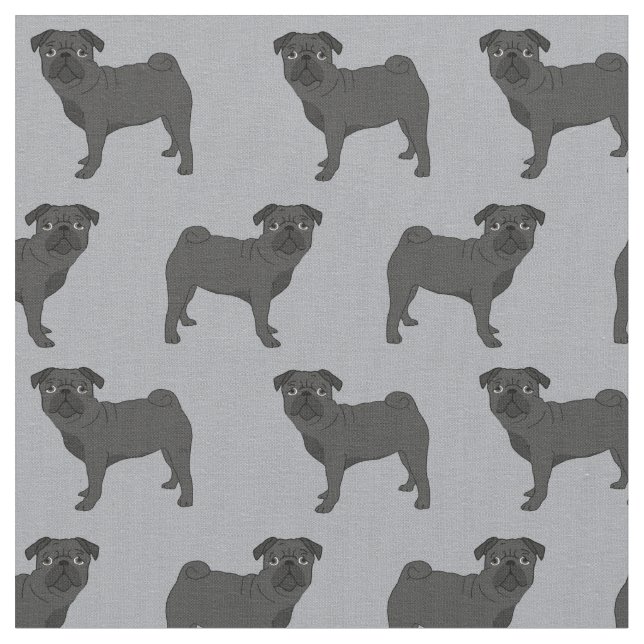 black Pug dog grey Fabric (Close Up)