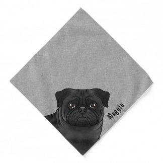 Black Pug Dog Head Close-Up Cartoon Dog With Name Bandana