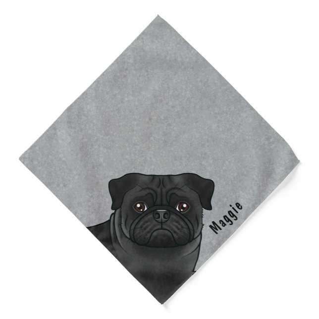 Black Pug Dog Head Close-Up Cartoon Dog With Name Bandana (Front)