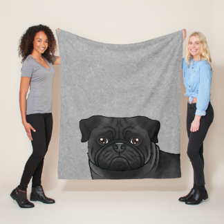 Black Pug Dog Head Close-Up Cartoon Illustration Fleece Blanket