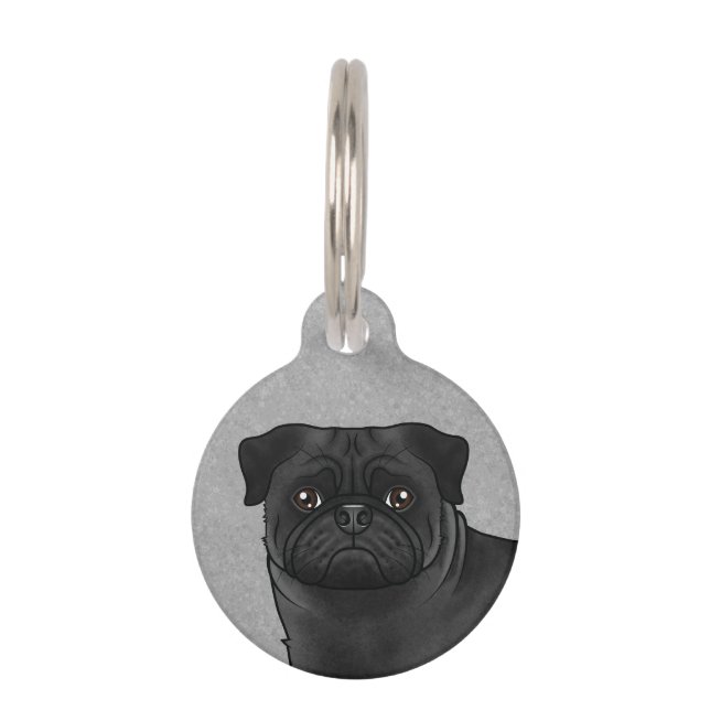 Black Pug Dog Head Close-Up Cartoon Illustration Pet ID Tag (Front)