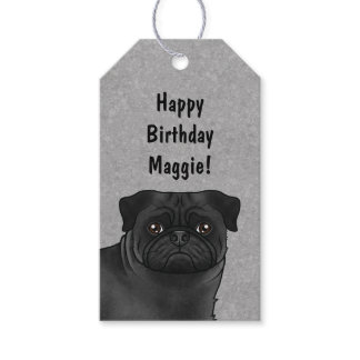 Black Pug Dog Head Close-up Happy Birthday Gray Gift Tags