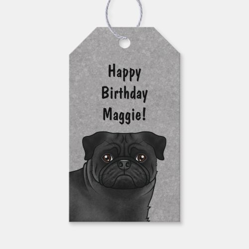Black Pug Dog Head Close_up Happy Birthday Gray Gift Tags