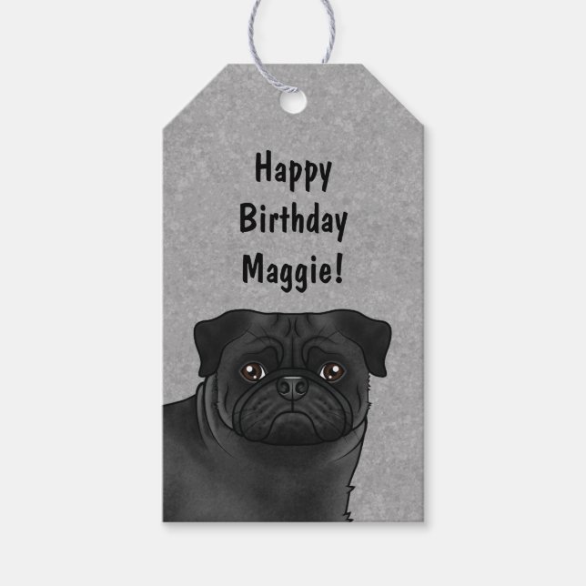 Black Pug Dog Head Close-up Happy Birthday Gray Gift Tags (Front)