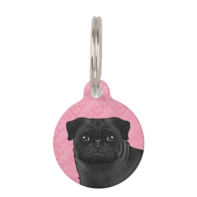 Black Pug Dog Head Close-Up On Pink Heart Pattern Pet ID Tag (Front)
