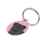 Black Pug Dog Head Close-Up On Pink Heart Pattern Pet ID Tag (Side)