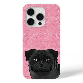 Black Pug Dog Head Close-Up On Pink Love Hearts iPhone 15 Pro Case