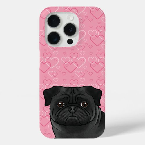 Black Pug Dog Head Close_Up On Pink Love Hearts iPhone 15 Pro Case