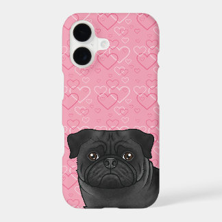 Black Pug Dog Head Close-Up On Pink Love Hearts iPhone 17 Case