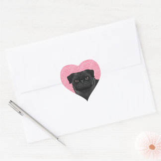 Black Pug Dog Head Close-Up On Pink Love Hearts Heart Sticker