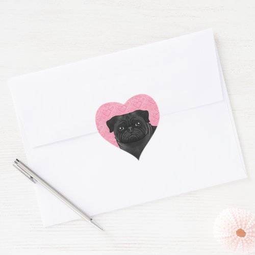 Black Pug Dog Head Close_Up On Pink Love Hearts Heart Sticker