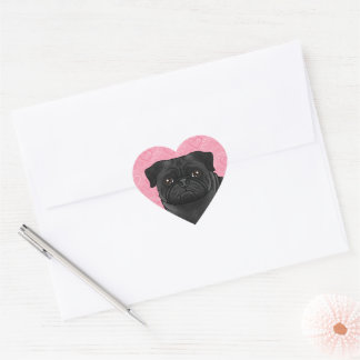 Black Pug Dog Head Close-Up On Pink Love Hearts Heart Sticker