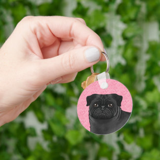Black Pug Dog Head Close-Up On Pink Love Hearts Keychain
