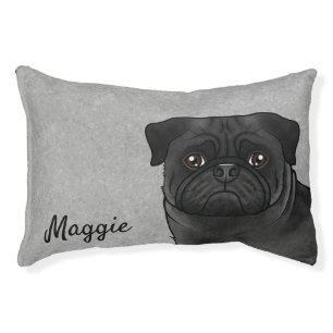 Black Pug Dog Head Close-Up With Custom Name Gray Pet Bed