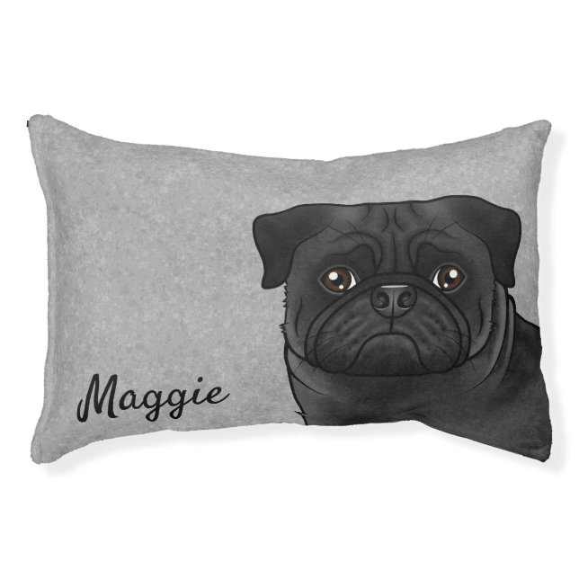 Black Pug Dog Head Close-Up With Custom Name Gray Pet Bed (Front)