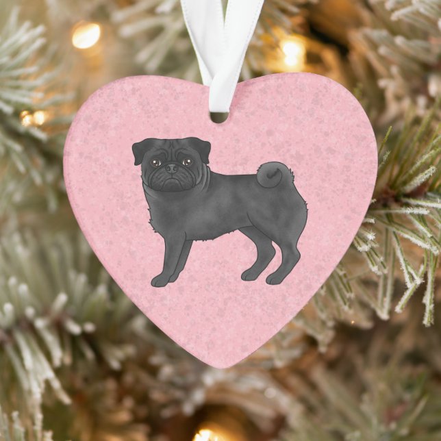 Black Pug Dog Illustration With Custom Text Pink Ornament (Tree)
