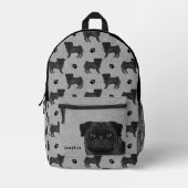 Black Pug Dog Mops Design Pattern With Name Gray Printed Backpack (Front)