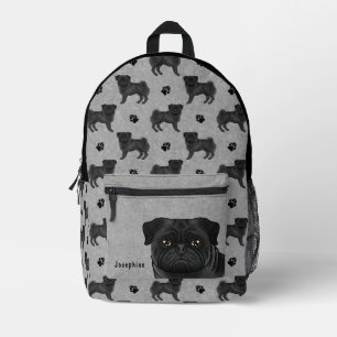 Black Pug Dog Mops Design Pattern With Name Gray Printed Backpack